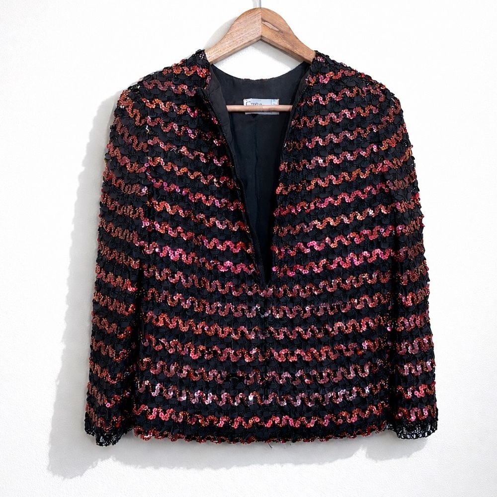 Creative Pantino Canada Vintage Sequin 3/4 Zip Black Red Wave Stripe Top 12 / S